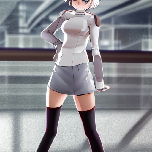 Anime girl, realistic, silver short hair, heterochromia brown and grey, Large-breasted, full body sci fi cyberpunk tight, cute miniskirt, sweat body, Wearing white clothes that reveal the lines of a futuristic body, White suit, During the day, Full body Beautiful anime style girl, clean detailed faces, In a futuristic airport, Standing inside the airport, intracate clothing, Future city,Talking happily, analogous colors, beautiful gradient, depth of field, clean image, high quality, high detail, high definition, Luminous Studio graphics engine, cute face, slim waist, nice hips,