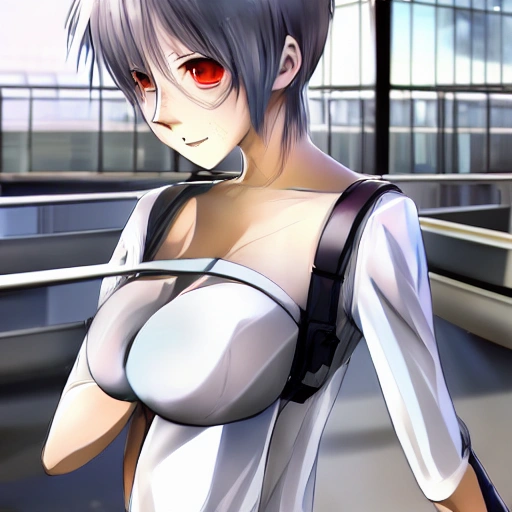 Anime girl, realistic, silver short hair, heterochromia brown and grey, Large-breasted, full body sci fi cyberpunk tight, cute miniskirt, sweat body, Wearing white clothes that reveal the lines of a futuristic body, White suit, During the day, Full body Beautiful anime style girl, clean detailed faces, In a futuristic airport, Standing inside the airport, intracate clothing, Future city,Talking happily, analogous colors, beautiful gradient, depth of field, clean image, high quality, high detail, high definition, Luminous Studio graphics engine, cute face, slim waist, nice hips,