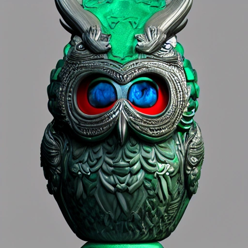  mdjrny-v4 style, ultra detailed marble and jade sculpture of a Anthropomorphic blue owl, big green eyes, lots of details, portrait, finely detailed armor, cinematic lighting, intricate filigree metal design, 8k, unreal engine, octane render, realistic, redshift render , 3D