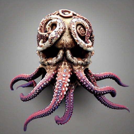 skull octopus with tentacles and spikes, Realistic, Creature Design, Detailed and Intricate, 3D