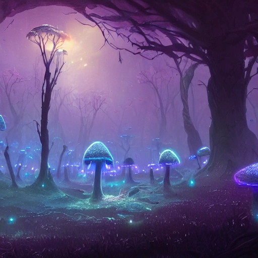 concept art painting of a fantasy alien fungal landscape at night, with glowing blue lights, glowing blue mushrooms, dark purple sky, realistic, detailed, cel shaded, in the style of makoto shinkai and greg rutkowski and albert bierstadt and james gurney , Trippy