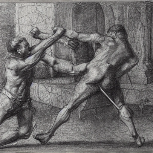 Pencil Sketch,two men ,fighting ,sords , face to face , in 15