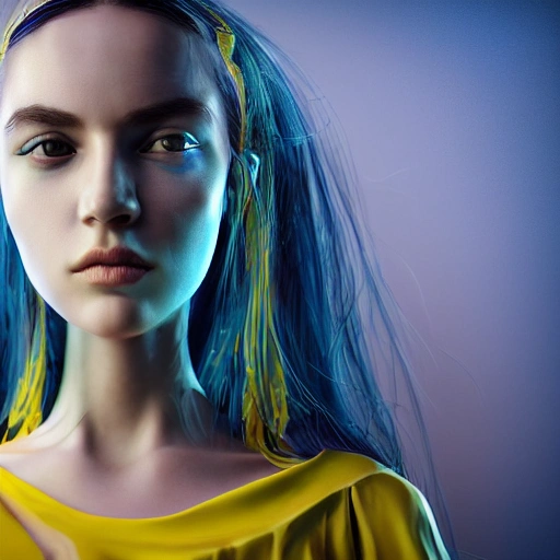 Beautiful face and body, detailed, close up portrait of girl, military, dressed in a long flowing dress with blue  yellow colors, vibrant high contrast, hyperrealistic, photografic, 8k, epic ambient light, octane render, , 3D, Oil Painting