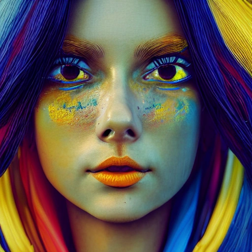 Beautiful face and all body, detailed, close up portrait of girl, military, dressed in a long flowing dress with blue  yellow colors, vibrant high contrast, hyperrealistic, photografic, 8k, epic ambient light, octane render, , 3D, Oil Painting