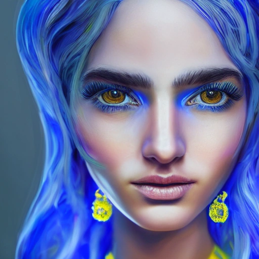 Beautiful face and all body, detailed, close up portrait of girl, military, dressed in a long flowing dress with blue  yellow colors, vibrant high contrast, hyperrealistic, photografic, 8k, epic ambient light, octane render, , 3D, Oil Painting, Cartoon