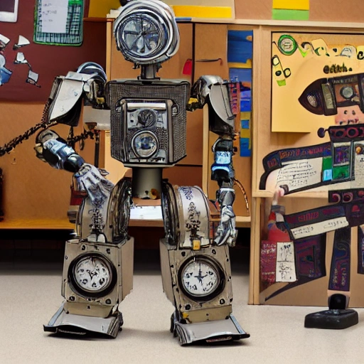 a detailed steampunk robot teaching  in front of an elementary classroom, photo realistic