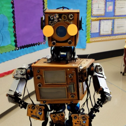 a detailed humanoid steampunk robot teaching  in front of an elementary classroom, photo realistic, no students