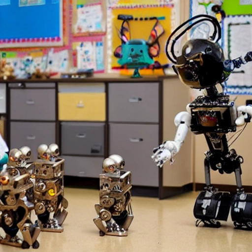 a detailed humanoid steampunk robot teaching  in front of an elementary classroom of cute robots, photo realistic, no students