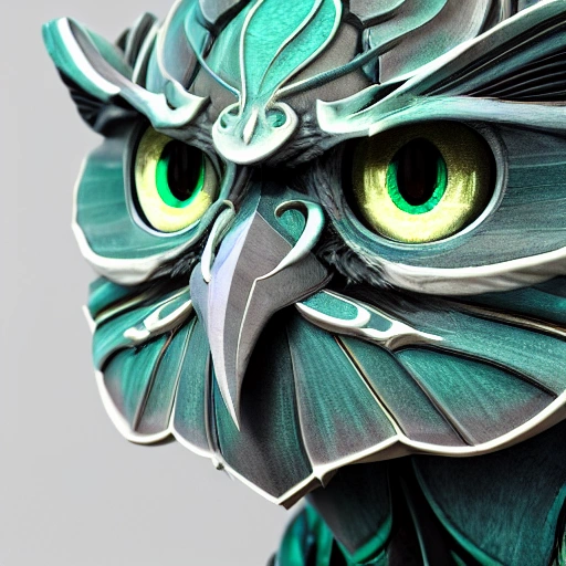  mdjrny-v4 style, ultra detailed marble and jade sculpture of a Anthropomorphic blue owl, big green eyes, lots of details, portrait, finely detailed armor, cinematic lighting, intricate filigree metal design, 8k, unreal engine, octane render, realistic, redshift render , 3D