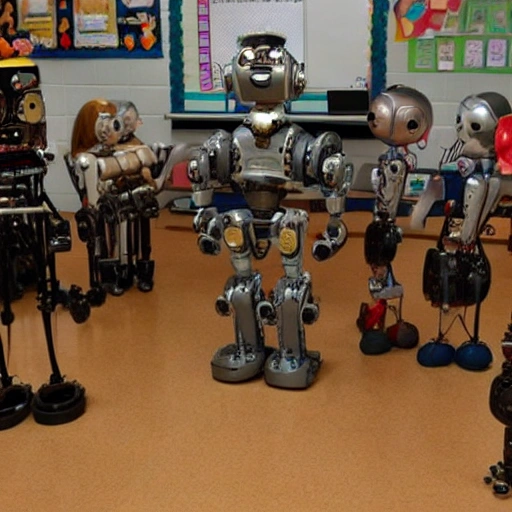a detailed humanoid steampunk robot teaching  in front of an elementary classroom of cute detailed robots, photo realistic, no students