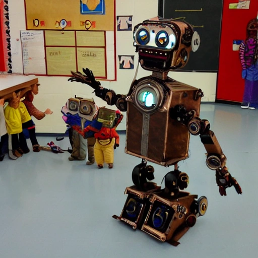 a detailed humanoid steampunk robot teaching  in front of an elementary classroom of cute detailed smaller robots, photo realistic, no students