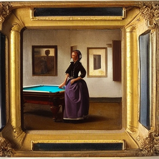 a woman posing for a picture in a room with a pool and a pool table in the background, by Hendrik van Steenwijk I, Oil Painting