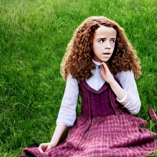 Eleven-year-old Hermione Granger in a dress, full body shot, playing in the grass, high detail, intricate shading, 3D stereoscopic, realistic, live action, 3D