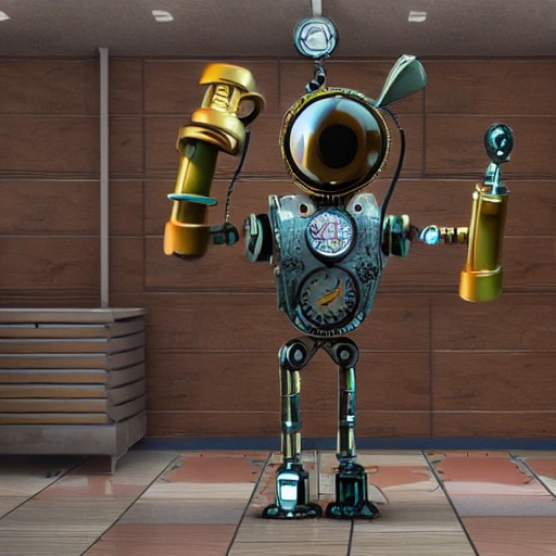 a detailed steampunk robot teaching  in front of an elementary classroom, photo realistic, 3D