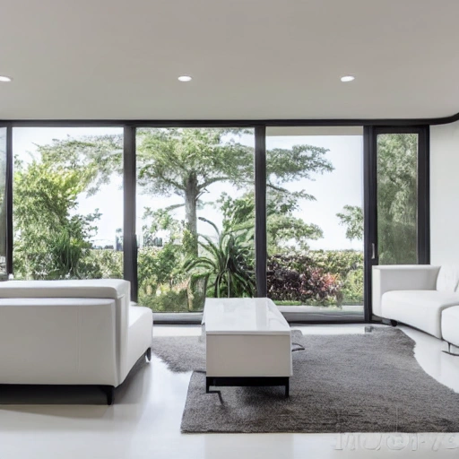 A modern living room with a beautiful white marble table between 2 white sofas ,on the left of the living room there are floor to ceiling glass window and on the right of the living room there are wooden stairs to the second floor, 8k resolution, professional interior design photograph