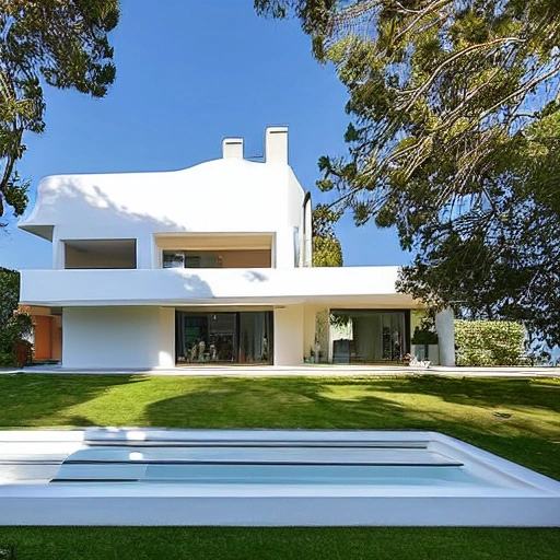 A modern three-storey villa, luxuriously decorated in white, with a revolving staircase in the house