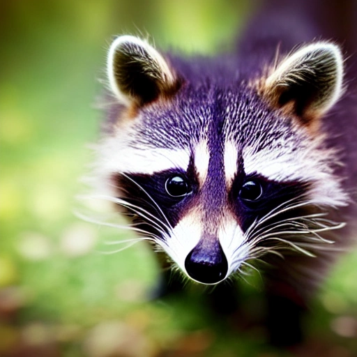 tiny cute (happy1. 4) raccoon mixed with a cat in the woods, sunny, a character portrait, Tilt-shift, bokeh, 3D