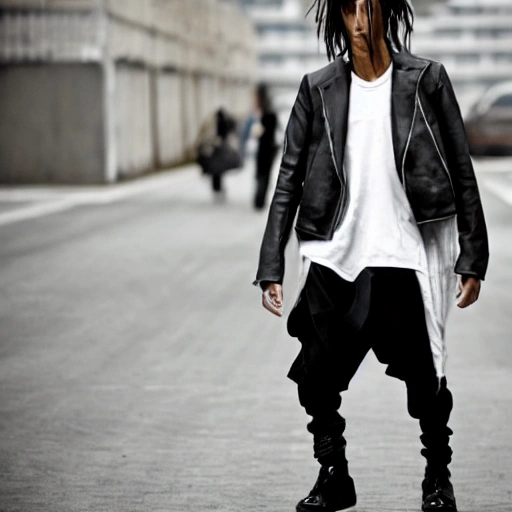 A young man with Rick Owens style clothes in a future city. - Arthub.ai