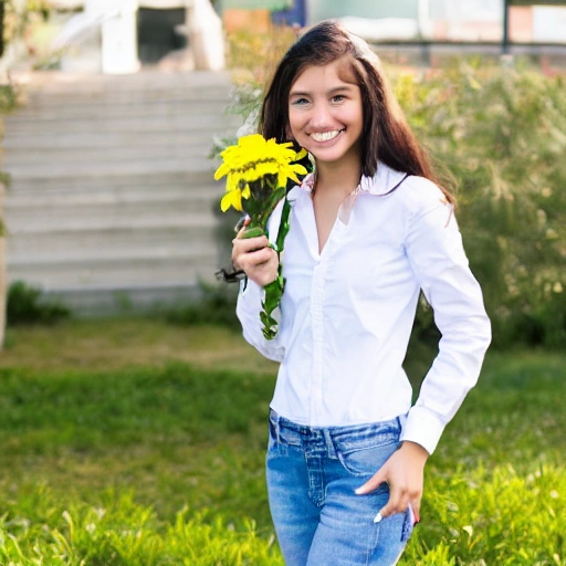 A beautiful American high school girl, real, campus, jeans, white shirt with flower pattern 