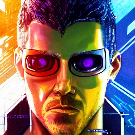 Portrait, male netrunner, angry,  cyberpunk 2077 style, blade runner art, arasaka, coloured Pencil Sketch,  High detail, realistic, 4 k, real skin