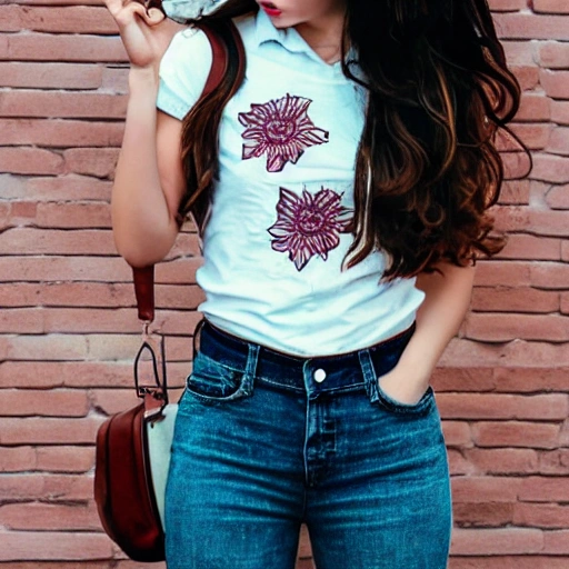 A beautiful American high school girl, real, campus, jeans, white shirt with flower pattern , Cartoon