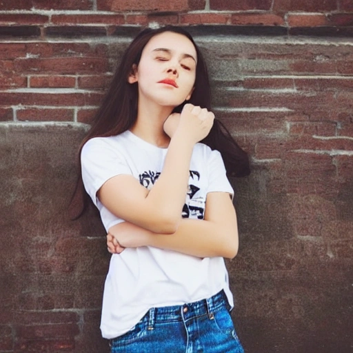 A beautiful American high school girl, real, campus, jeans, white shirt with flower pattern , Cartoon, Water Color