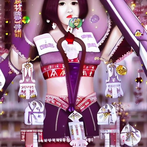 1girl, (ulzzang-6500:0.7), kpop idol, yae miko, detached sleeves, bare shoulders, pink hair, long hair, japanese clothes, best quality, (painting:1.5), (hair ornament:1.35), jewelry, purple eyes, earrings, breasts, torii, cherry blossoms, lantern light, depth of field, detailed face, face focus, ribbon_trim, (looking at viewer:1.25), nontraditional miko, shiny skin, long sleeves, smile, thick lips, game cg, hands on lips, east asian architecture, (blurry background:1.2), sitting, upper body,, Cartoon, Cartoon