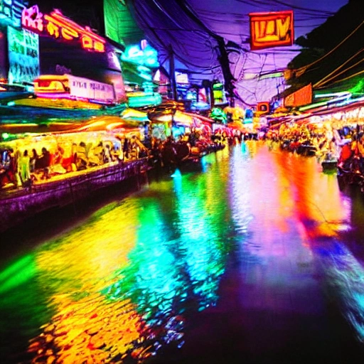 Thailand in the night with neon lights, Water Color