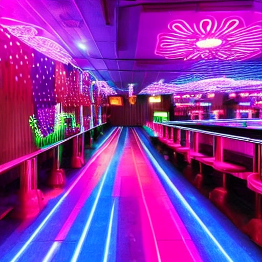 Tokio night clubs neon purple, pink  and blue lights in the night with people walk, 3D