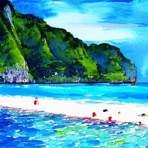 phi phi island in the day, blue sea, Water Color