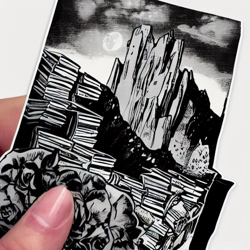 a comic drawing sticker of a 1930 two big roses on top of a mountain of books, white siluet border sticker with black background, saturated plain colors, american scene matte painting, matte drawing, detailed, by artgerm and skottie young --v 4 --ar 2:3 - 