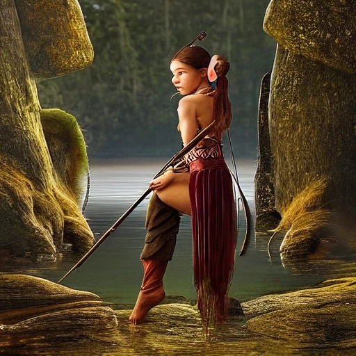 serene scene of a female elf standing knee-deep in a tranquil lake, her bow at the ready. The sun is just beginning to set behind her, casting her in a warm amber light. The elf is tall and lithe, with pointed ears and shimmering hair that flows down her back like a cascade of gold. Despite her otherworldly appearance, there is a realism to the way she carries herself, as if she is a skilled hunter who has spent countless hours in the forest. Her bow is a work of art, with intricate carvings and attention to detail that betray its magical origins. As she takes aim and draws back the bowstring, there is a sense of calm and focus that emanates from her, making it clear she is a master of her craft. This striking image can serve as a reminder of the power of nature and the importance of grace and skill in the pursuit of our goals