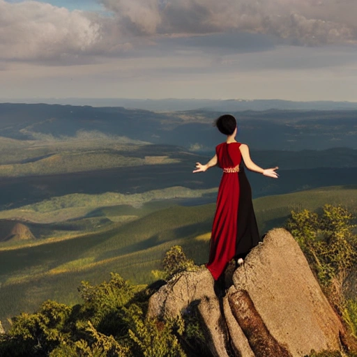 a woman in a flowing black dress standing atop a mountain peak, with the camera positioned behind her. The woman's dress billows in the wind, giving a sense of motion and drama to the scene. In the distance, the rolling hills and verdant forests can be seen stretching out to the horizon. The woman's back is turned to the viewer, adding an air of mystery and intrigue to her character. She stands tall and proud, with her arms held out to the sides, as if embracing the expansive and awe-inspiring landscape before her. This striking image can serve as a symbol of freedom and independence, encouraging viewers to carve out their own paths in life and never lose sight of the beauty and majesty of the world around them