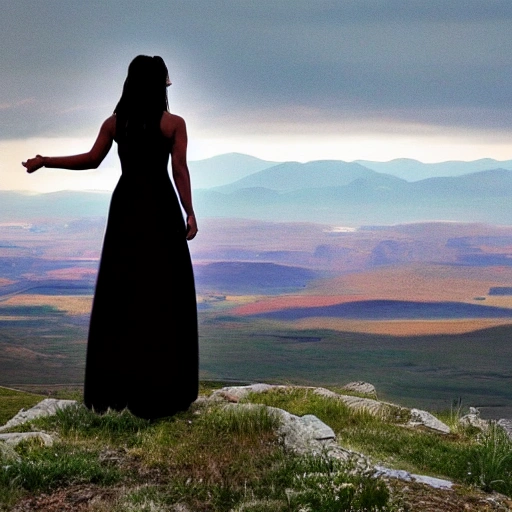 a woman in a flowing black dress standing atop a mountain peak, with the camera positioned behind her. The woman's dress billows in the wind, giving a sense of motion and drama to the scene. In the distance, the rolling hills and verdant forests can be seen stretching out to the horizon. The woman's back is turned to the viewer, adding an air of mystery and intrigue to her character. She stands tall and proud, with her arms held out to the sides, as if embracing the expansive and awe-inspiring landscape before her. This striking image can serve as a symbol of freedom and independence, encouraging viewers to carve out their own paths in life and never lose sight of the beauty and majesty of the world around them