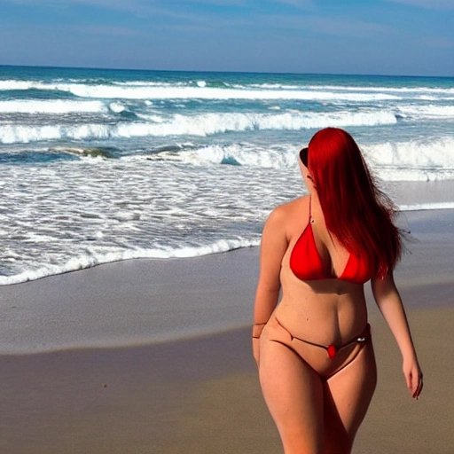 Picture a woman with fiery red hair, wearing a short bikini that shows off her curves at the beach. As she walks along the shoreline, you can tell that she's confident and comfortable in her own skin. The sand is warm between her toes, and the sun casts a golden glow on her skin. Watching her, you feel a sense of joy and freedom that comes with being at the beach on a perfect day