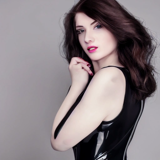 a photo-realistic portrait of a young woman with pale skin wearing a form-fitting, latex suit that hugs her curves snugly. Her hair falls in loose waves around her face and her makeup is understated yet elegant, highlighting her natural beauty. The suit itself is in a dark, rich color that contrasts beautifully with her pale complexion, and its design is modern and sophisticated. The woman exudes confidence and poise, her stance strong and her gaze steady. She's a vision of style and sophistication, capturing the beauty and elegance of the modern working woman