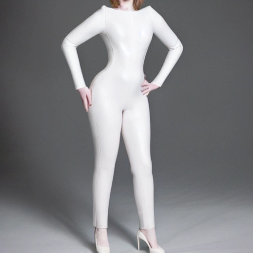a realistic portrait of a young woman with pale skin wearing a thight latex suit that accentuates her curves. She stands confidently and exudes elegance and poise. The suit is modern and sophisticated, and complements her beauty and style. The woman is a vision of strength and sophistication, inspiring confidence and admiration