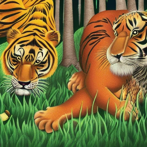 lion and tiger drinking in the forest, Trippy