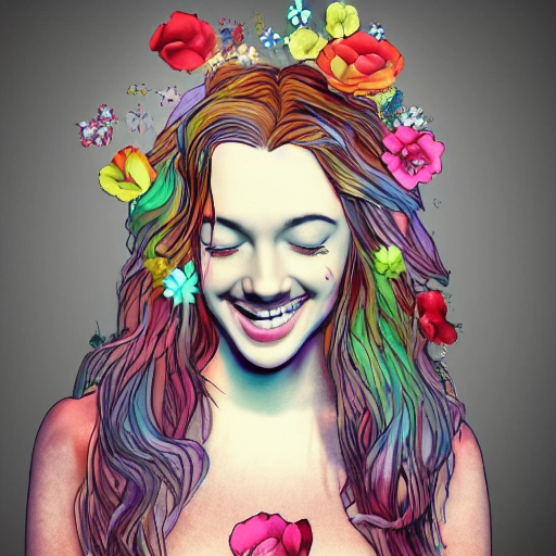 The girl with the petals in her hair, smile, Trippy, 3D