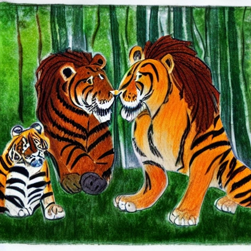 lion and tiger drinking in the forest, Trippy, Pencil Sketch, Water Color