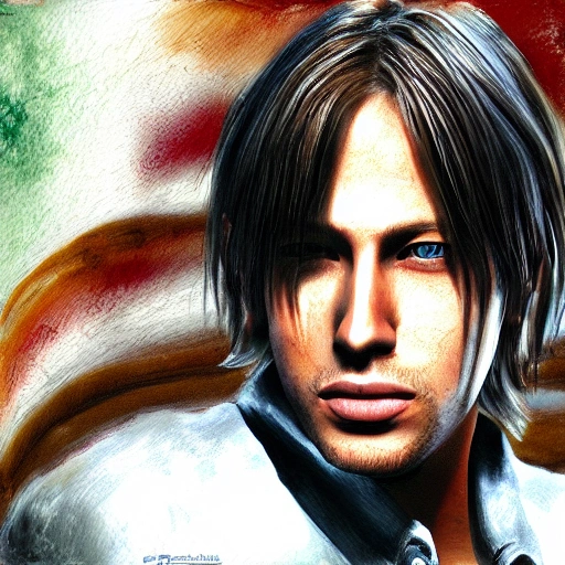 Leon s. kennedy from Peru, photorealistic, 3D, Water Color, Oil Painting