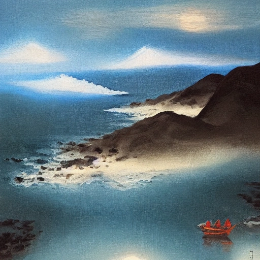 沙漠，明月，湖, Oil Painting