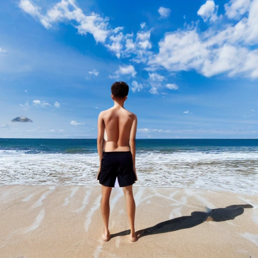 young male in the beach, full body, hiperealist, higth definition, Trippy