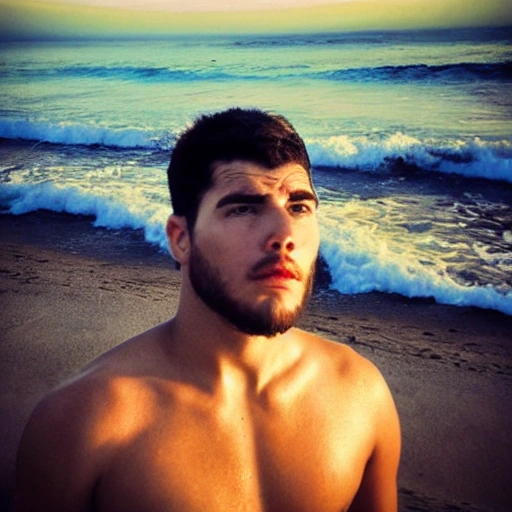 fotografia en alta resolucion del rostro de un hermoso hombre joven, rostro hiperdetallado, piel detallada, en la playa al amanecer, Trippy