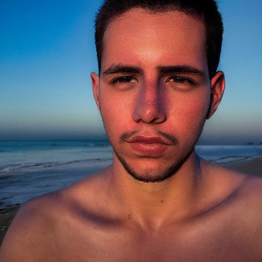 fotografia en alta resolucion del rostro de un hermoso hombre joven, rostro hiperdetallado, piel detallada, en la playa al amanecer,  Water Color