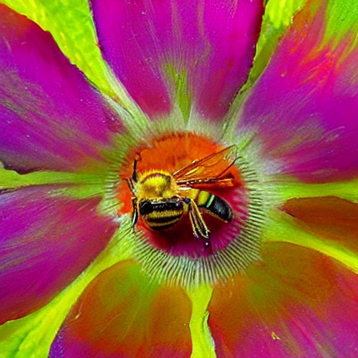 fotografia macro de una abeja libando una flor, Trippy, Oil Painting