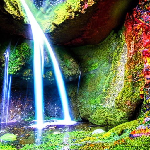 colorfull crystall cave inside the mountain. Waterfalls are falling in, sunbeams are touching the water and crystals and reflct the light, moss plants and gorgeous flora