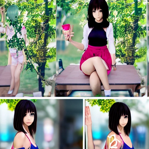 cute anime girl with short hair, full body, 6 panels with different pose, 4k