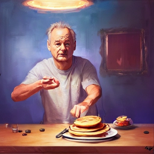 bill murray making pancakes animation pixar style, by magali villeneuve, artgerm, jeremy lipkin and michael garmash, rob rey and kentaro miura style, golden ratio, trending on art station , Trippy, 3D, Water Color