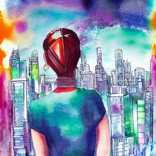 Behold a mesmerizing sight of a young woman amongst a high-tech futuristic cityscape, bursting with vibrant and extreme details." --ar 9:16 , Water Color